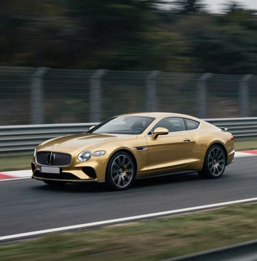 Action shot of a muted gold luxury coupe accelerating on a track. The background is a motion-blurred landscape of charcoal grey and dark green, with the crisp off-white lines of the circuit providing a sense of extreme speed and precision.