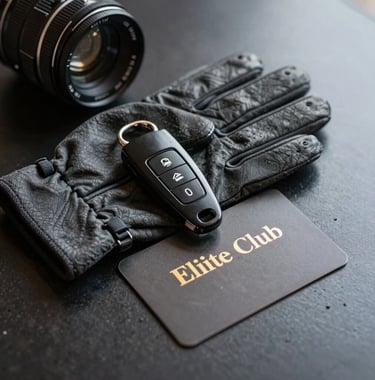 A still life arrangement of elite club accessories: an obsidian black key fob, a pair of charcoal grey driving gloves, and a membership card with muted gold embossed lettering, resting on a polished dark surface.
