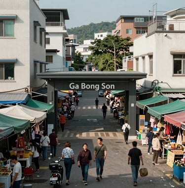 Photography of the bustling local surroundings near the project, including the modern entrance of Ga Bong Son or the local market area, highlighting the central connectivity and convenience of the location.