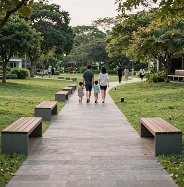 A serene lifestyle photo of a central park area in Bồng Sơn Residence. Wide stone pathways, modern benches, and lush green lawns. A Southeast Asian family is seen walking in the distance, conveying a peaceful and civil community.