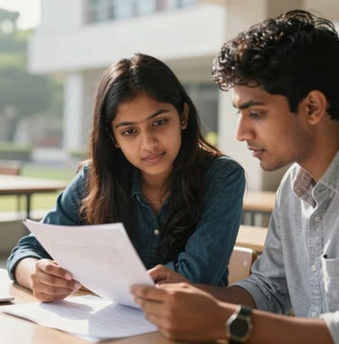 Two South Asian students engaged in a focused discussion over a research paper, modern campus setting, bright morning light, emphasizing academic excellence and collaboration.