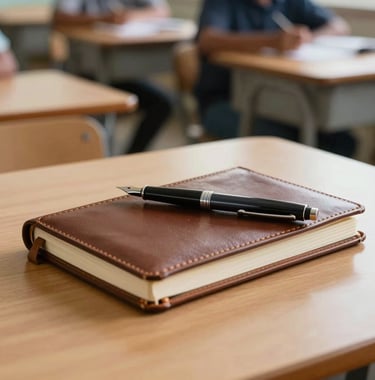 A close-up of a high-quality leather-bound notebook and a fountain pen on a clean wooden desk, with a soft-focus South Asian classroom in the background, professional and studious mood.