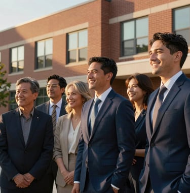 A group of people standing together in front of a modern community brick building in Georgia, smiling and looking toward a bright future. The style is warm and elegant, with gold and deep blue highlights.