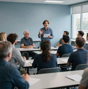 A group of adults in a bright classroom in Georgia, participating in an interactive leadership workshop. The instructor is speaking enthusiastically, and the atmosphere is encouraging and professional, styled with muted blue tones.