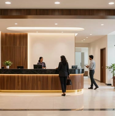 A wide shot of a brightly lit professional office lobby in Kochi, Kerala. Minimalist design with dark wood and gold accents. A South Asian / Indian receptionist is greeting a visitor in the distance.