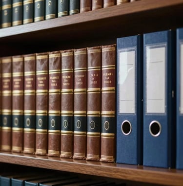 A close-up of a legal library shelf with organized leather-bound books and modern file folders. Subtle gold and dark blue lighting accents. Professional legal setting.