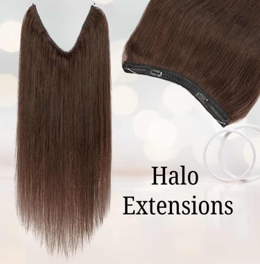 Long, straight chocolate brown halo hair extensions with an invisible wire and clips for volume.