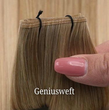Hand holding a light brown Genius Weft hair extension bundle showing the thin, seamless top seam.