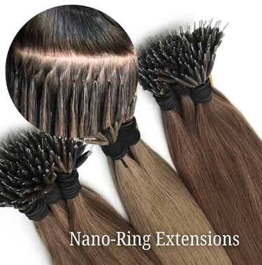 Bundles of brown nano ring hair extensions shown with a close-up of the bead application.