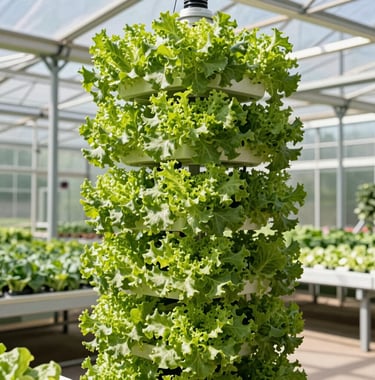 A high-tech automated vertical hydroponic tower system loaded with vibrant green leafy vegetables inside a modern glass greenhouse. Commercial agriculture and hydroponics markets context. Natural bright sunlight, industrial design, realistic photography.