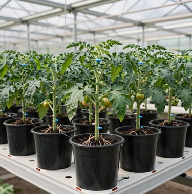 Rows of black Dutch buckets containing tomato plants with thick stems, supported by overhead trellises. Healthy root systems nurtured by a precise drip line setup in a vast industrial greenhouse. Global commercial agriculture and hydroponics markets. Clean, professional-grade farming. Colors: natural tomato leaf green, charcoal black, soft gray, and steel blue accents.