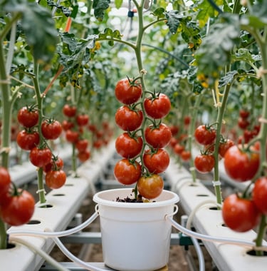 Heavy-duty Dutch bucket system growing ripe red tomatoes in a high-density, professional farming layout. Spotless clean environment, clear irrigation tubes, tech-forward agricultural efficiency. Real photography, global commercial agriculture and hydroponics markets context.