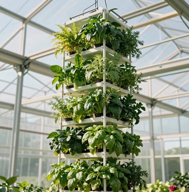 A towering, vertical hydroponic grow tower system installed inside a massive glass greenhouse. Lush green herbs, spinach, and basil cascading down the tower. Warm, golden sunlight filtering through the structure. Highly professional, clean, commercial-grade agricultural efficiency. Colors: rich emerald green, bright glass reflections, soft mint, and clean white.
