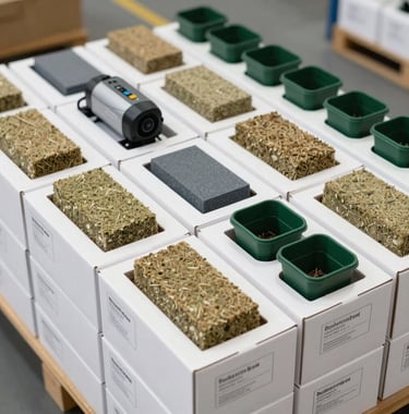 A high-angle photo of neatly packaged hydroponic starter kits ready for shipment. White cardboard boxes stamped with shipping labels, showing neat layers of rockwool blocks, planting baskets, and a small DC water pump inside. Modern logistics warehouse environment. Reliable, commercial-grade logistics. Colors: cardboard kraft, clean white, slate gray, and deep green.