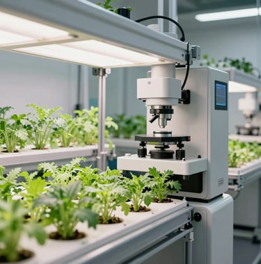 A professional commercial installation of an NFT system (nutrient film technique) with channels of growing herbs in a bright, clean industrial grow room. High reliability, modern precision agriculture. Global commercial agriculture and hydroponics markets style.
