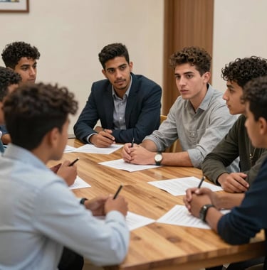 A professional photo of a collaborative youth meeting in Morocco, with young men and women discussing a community project around a wooden table, natural light, wearing casual professional attire.