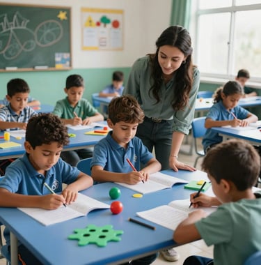 Photography of a modern classroom in Morocco where children are learning through creative play and education, blue and green color palette, joyful and supportive environment.