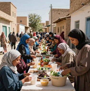 Photography of a community volunteering event in a North African neighborhood, people working together with joy, vibrant colors, sunlight, and a compassionate atmosphere.