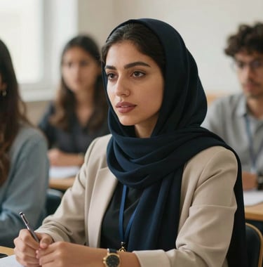 A close-up photograph of a Moroccan woman leading a professional workshop for young entrepreneurs, with natural lighting and a warm, supportive atmosphere. She is wearing modern professional attire.