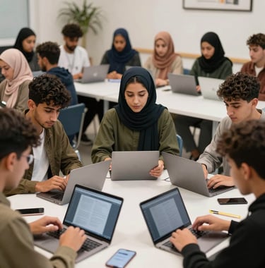 A professional photograph of a diverse group of Moroccan youth engaged in a collaborative learning environment, focusing on digital skills and social development within a modern Moroccan community center.