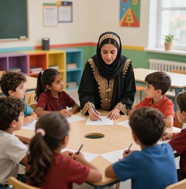 A heartwarming photograph of a Moroccan educational specialist working with a group of children in a colorful, modern classroom, emphasizing community support and compassionate education.