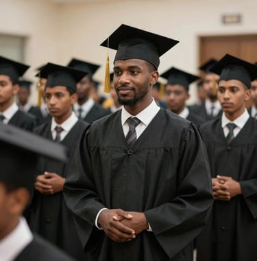 Photography of a graduation ceremony for young adult training programs in North Africa, symbols of success and institutional pride, professional and celebratory atmosphere.