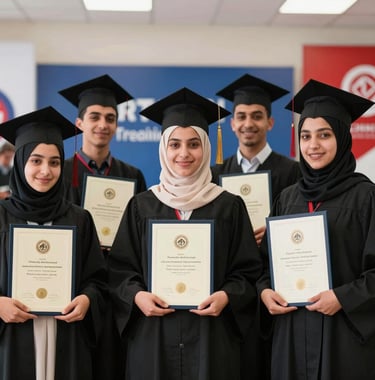 A professional portrait of a group of Moroccan students celebrating their graduation from a training course, smiling and holding certificates in a contemporary hall decorated with blue and red branding.
