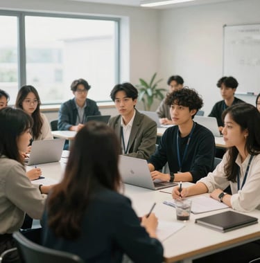 A professional photograph of an diverse group of young leaders in an International / Global setting, engaged in a collaborative workshop in a bright, modern room.
