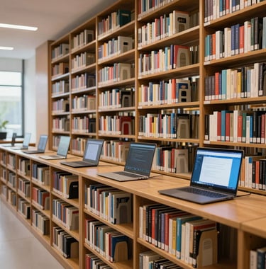 A professional photography of a modern library filled with books and digital technology, representing global education and knowledge.