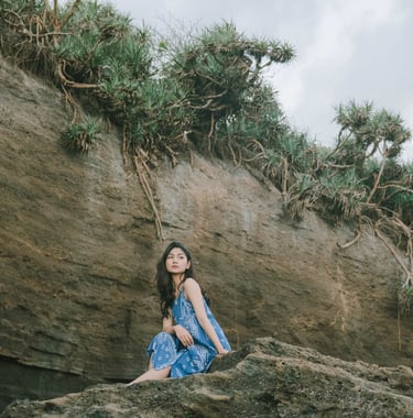Lifestyle portrait with coastal landscape at Pantai Nyanyi Tabanan Bali
