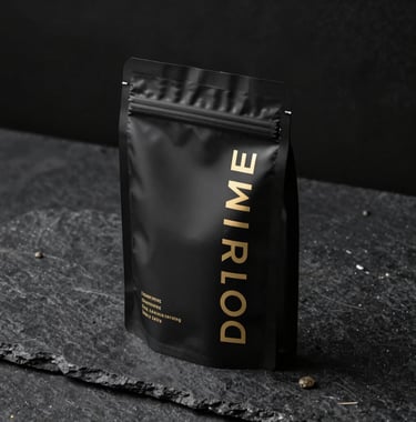 A minimalist, high-end studio shot of a branded DORPRIME product package. The packaging is sleek black with gold lettering, placed on a dark stone surface with dramatic side lighting.
