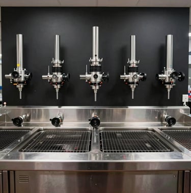 An interior shot of a processing facility that looks more like a high-end kitchen. Clean stainless steel surfaces, pitch black walls, and precision tools organized symmetrically.