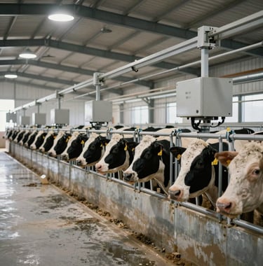 A professional wide shot of a controlled indoor livestock environment. The facility is impeccably clean, featuring metal structures and precise technical equipment, reflecting an integrated livestock system.