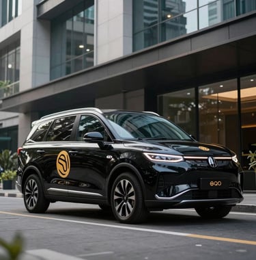 A sleek, branded delivery vehicle parked in front of a modern South Jakarta building. The vehicle is pitch black with a discreet warm gold logo. Low angle, luxury automotive photography style.