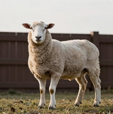A high-resolution photograph of a healthy Dorper sheep in a clean, controlled environment. The lighting is soft morning light, highlighting the animal's healthy coat. The composition is minimalist and professional, set against a dark brown fence.