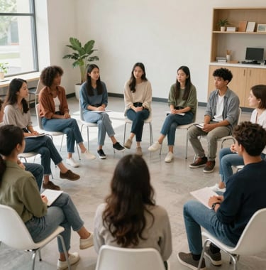 A diverse group of young adults sitting in a circle for a peer support meeting in a clean, modern US community center with soft, inviting lighting.