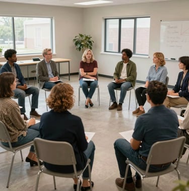 A high-quality photography shot of a diverse group of adults participating in an educational mental health seminar in a bright North American community hall.