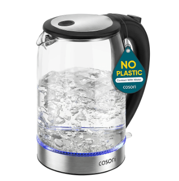 Cosori borosilicate glass electric kettle 1500W non-toxic no plastic water contact