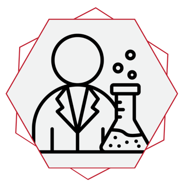 Ícone de cientista com jaleco ao lado de um frasco de laboratório, simbolizando pesquisa e ciência