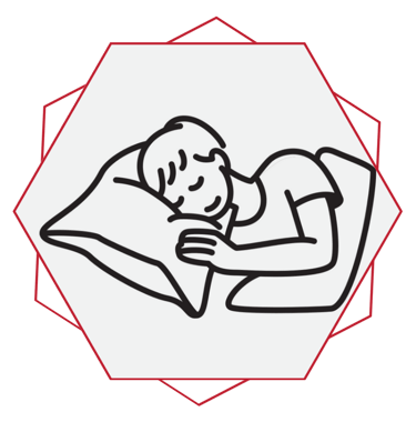 Pessoa dormindo tranquila em um travesseiro, dentro de um hexágono com contorno vermelho