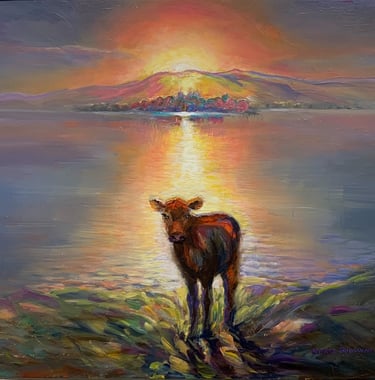 holy cow in the sunset by the lake