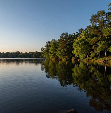 A serene photography shot of a natural lake shore in the Formosa region during sunset. The water is still, reflecting the dark blue and light blue sky, with native green trees surrounding the bank, conveying peace and premium quality.