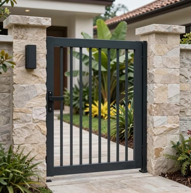 Detail shot of the residential entrance gate, featuring modern design, stone textures, and lush Brazilian landscaping, symbolizing security and trust.