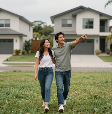 Candid photography of a South American couple walking through a green, open lot in a residential area, pointing towards the horizon with a look of confidence and excitement for their future home. Modern, clean aesthetic.