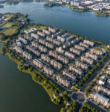 Aerial view of a residential development area near a lake in Formosa-GO. The composition shows the contrast between the green nature, the blue water, and the organized urban planning of the lots.