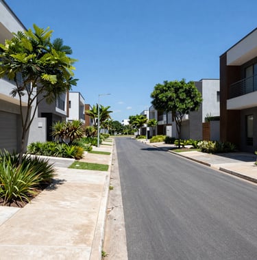 Photography of a modern paved street within a luxury residential allotment in Formosa, Brazil. Clean sidewalks, green landscaping with native trees, and a clear blue sky, conveying safety and modern infrastructure.