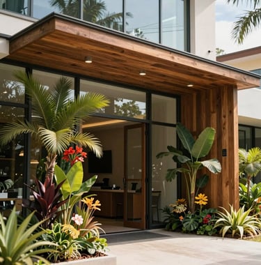 A close-up photograph of a modern clubhouse entrance with wood and glass architectural elements. South American / Brazilian plants and flowers decorate the entrance, bright daylight, high-end real estate style.