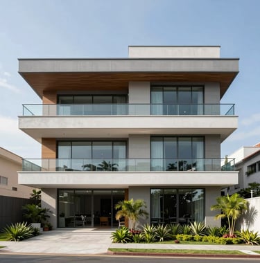 Modern architectural photography of a high-end house facade in a Brazilian residential club. The design features clean lines, large glass panels, and integration with green landscaping under a bright daylight.