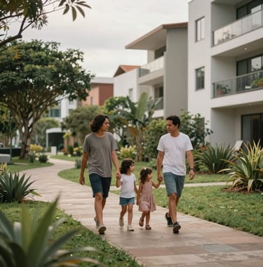 Lifestyle photography of a South American / Brazilian family walking through a modern, landscaped park within a residential complex, soft natural lighting, peaceful atmosphere.