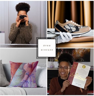 Collage of Ryan Winegan, her shoe and pillow design work, patent, and camera.